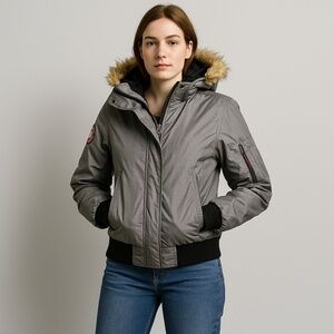 Canada Weather Gear Grey Faux Fur Trim Bomber Winter Jacket L